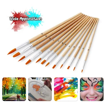 

12pcs Paint Brushes Set with Flat and Round Pointed Tips Nylon Hair Wooden Handle Professional Drawing Paintbrush
