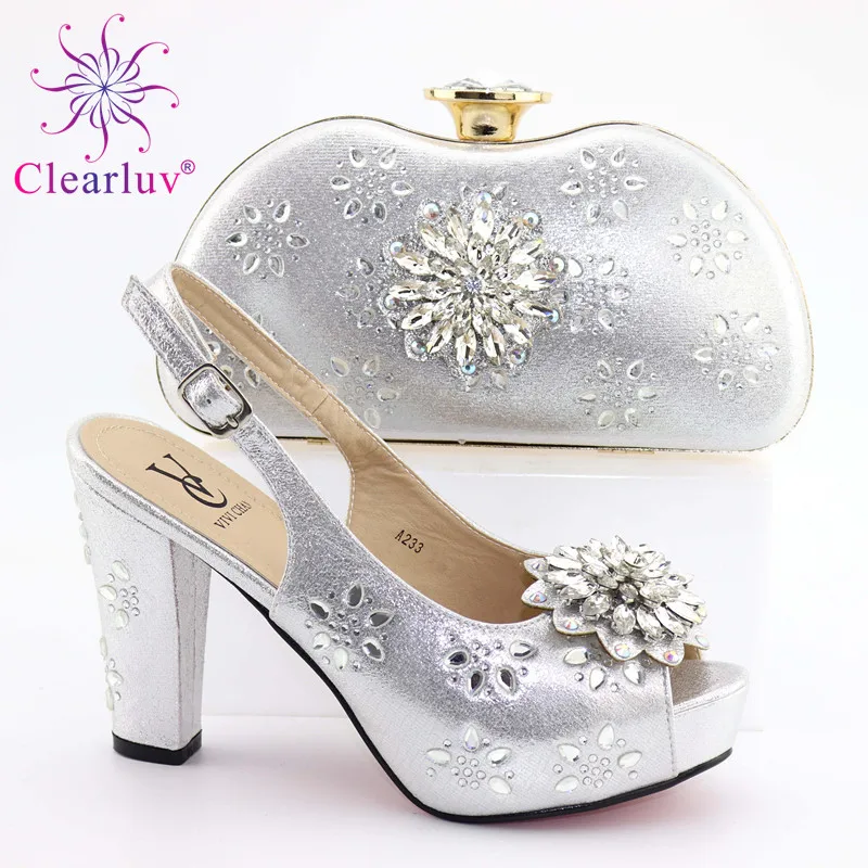 

Latest Sliver Color Shoe and Bag Italian Design Set Nigerian Women Wedding Shoes and Bag Set Nigerian Women Party Shoes Bag Sets