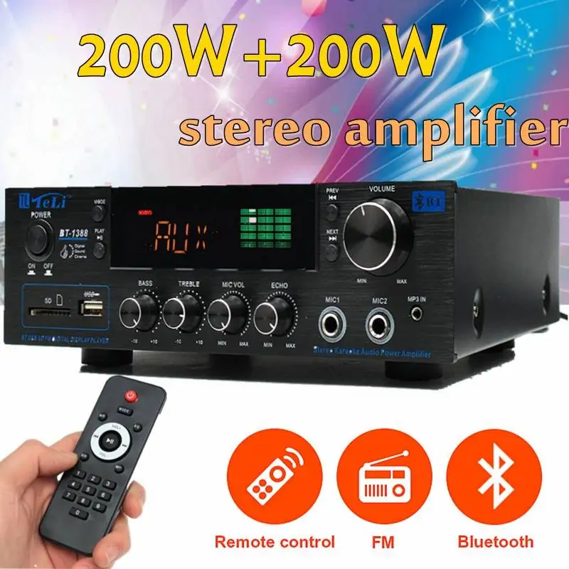 

220V-240V 1388 2*200W bluetooth Stereo HIFI2.0 Amplifier HiFi Power Remote Control USB SD Aux Mic Input Auto Amplifier