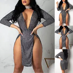 Пикантные для женщин блесток Глубокий V бинты Bodycon вечернее платье для вечеринки, клуба, мини