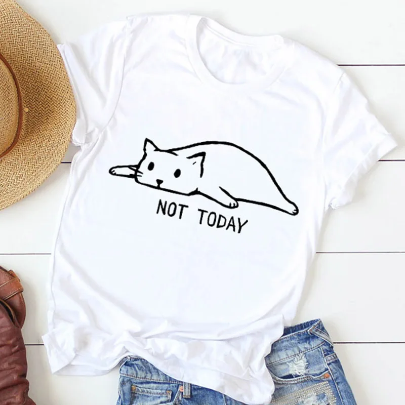 

Women's Fashion Summer Casual Short Sleeve Round Neck Printed Not Today T-shirt Cute Funny Print Cat Cotton Shirt Christian Tops