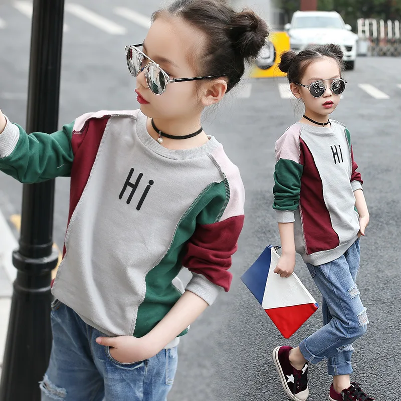 

Girls sweater spring and autumn 2019 cotton long-sleeved round neck stitching casual contrast color shirt children's clothing