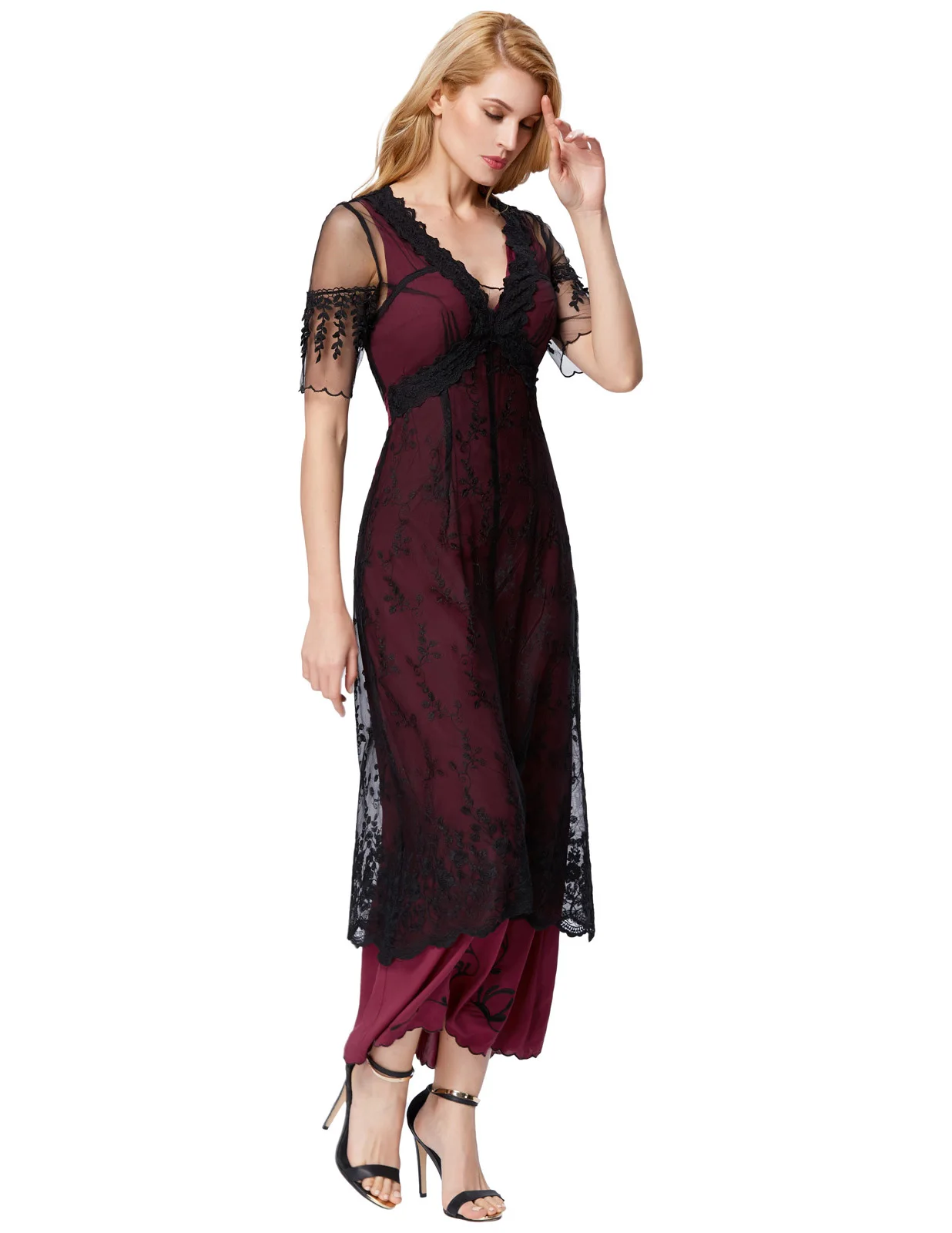 Женское платье ретро элегантное викторианское 50s 60s кружевные платья с коротким рукавом v-образным вырезом Длинное Макси платье Edwardian вечерние платья до щиколотки