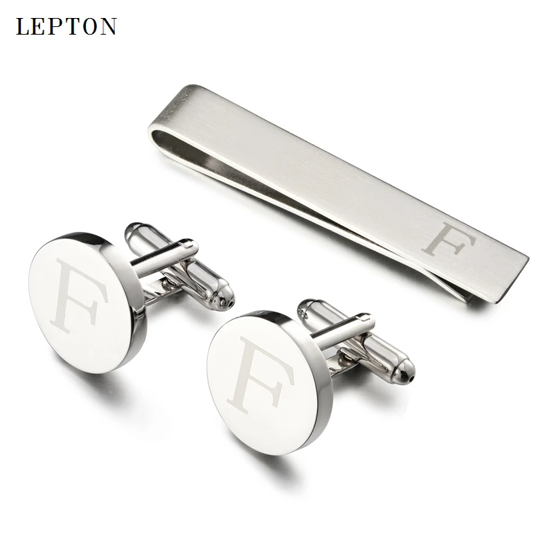 

Lepton Round Laser Letter Cufflinks And Tie Clips Set Letters F Cuff links For Mens French Shirt Cuffs Cufflink Relojes Gemelos