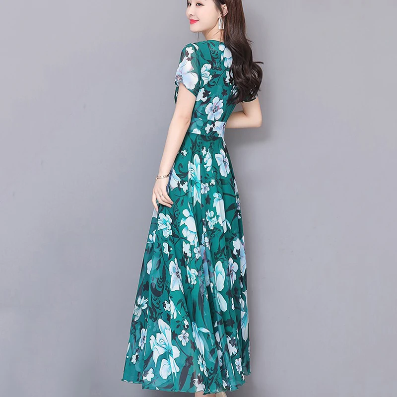 

Women dress Summer Round Neck Short Sleeve Polyester Floral Fitted Waist Long Dress robe longue femme ete