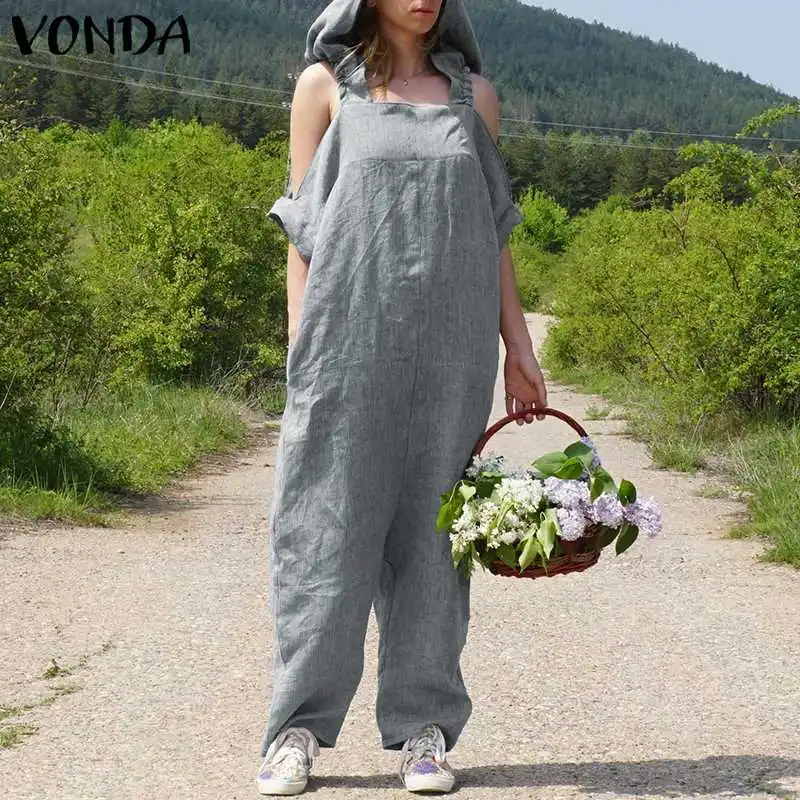 

VONDA Rompers Womens Jumpsuit 2019 Summer Vintage Harem Pants Sexy Off Shoulder Long Playsuits Casual Loose Hooded Overalls