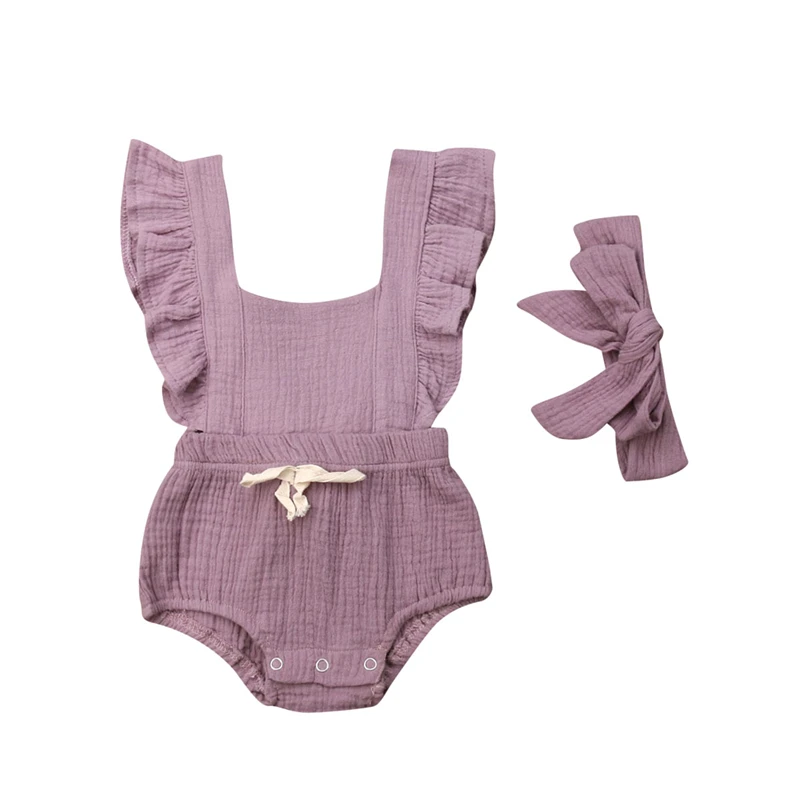 

2Pcs Baby Bodysuit Newborn Girls Ruffle Bodysuit Headband Solid Color Jumpsuit Baby Costume Infant Girl Clothing Toddler Outfits