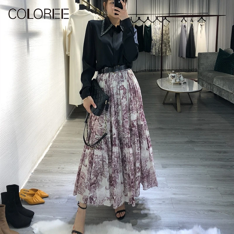 

COLOREE High Grade Runway Women Skirts 2019 Summer High Waist Luxury Animals Print Long Skirt Big Hem Pleated Maxi Skirts