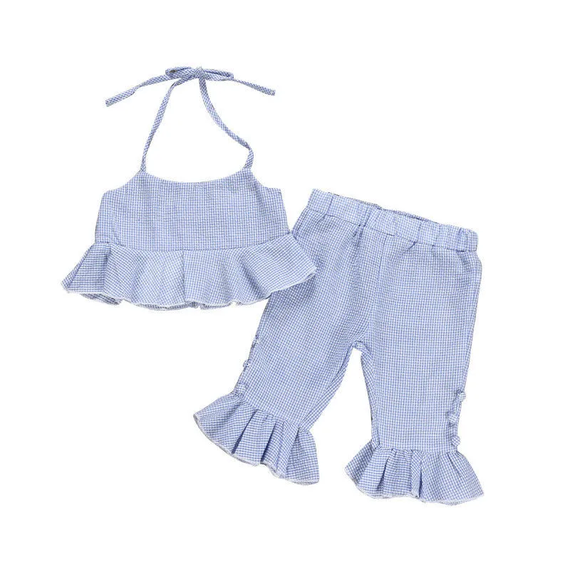 

1-5T Summer Toddler Kids Baby Girl Fashion Clothes set Boho Beach Striped Ruffle Crop Tops Flared Pants Cute Outfits set Sunsuit