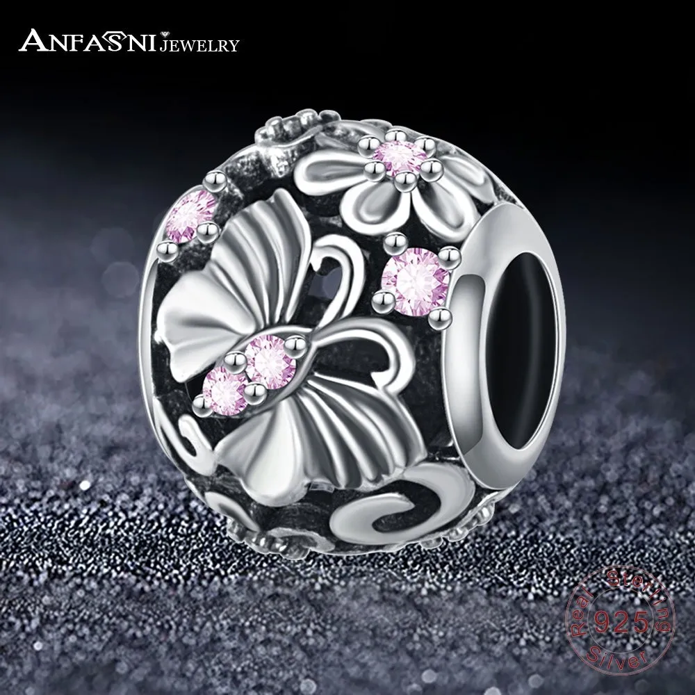 

ANFASNI New Arrival Authentic Sterling Silver 925 Butterfly Design Pink Crystal & Clear CZ Charm Fit Bracelet Jewelry PSMB1299