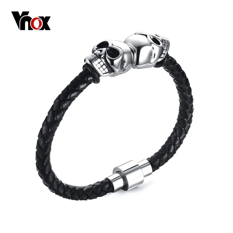 

Vnox Men Skull Bracelet Jewelry Stainless Steel Halloween Gift Punk Rock Black Genuine Leather Skeleton Bangle