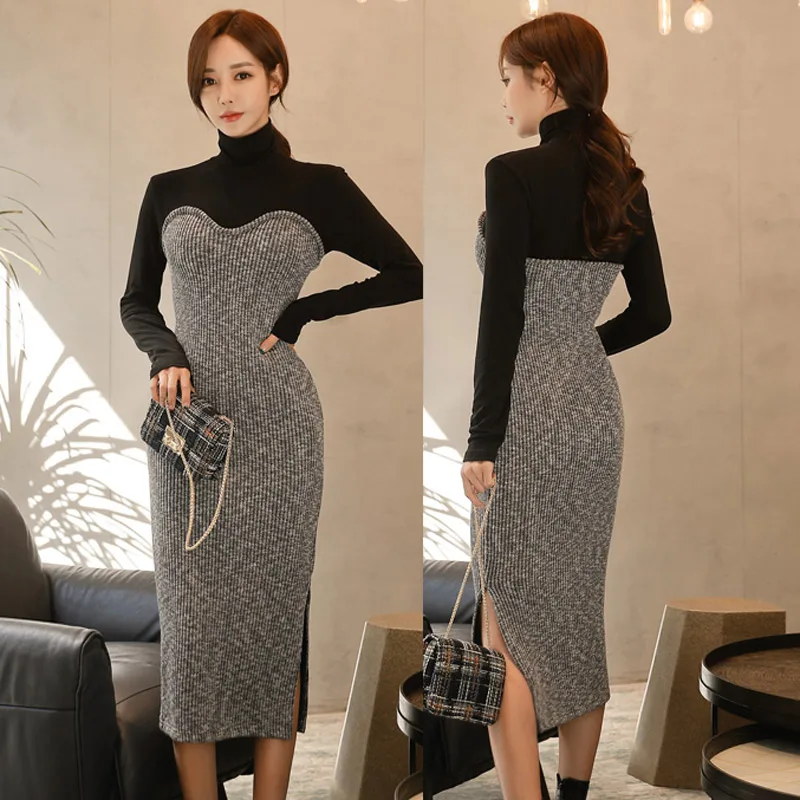 

women autumn new temperament Korea knitting together a turtle neck split natural office lady solid mid-calf straight dress
