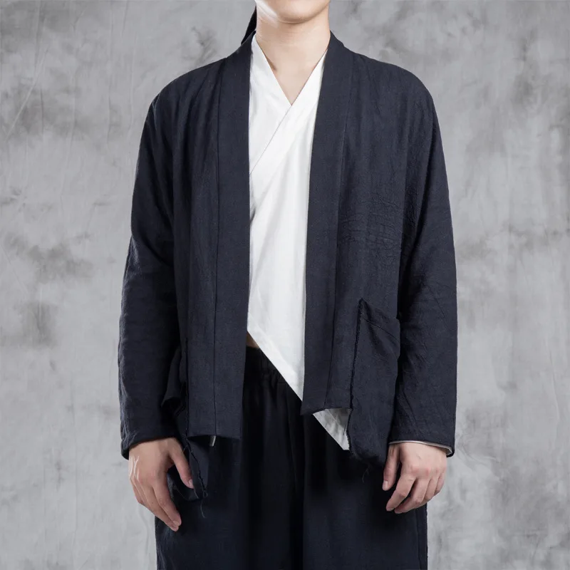 

#4218 Spring Kimono Coats Men Cotton Linen Vintage Chinese Style Cardigan Kimono Jacket Male Streetwear White/Black/Blue Hip Hop