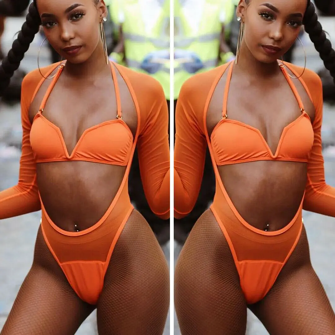 Cheap Chance for  2019 New Women Long Sleeve Mesh Bikini Set Beach Solid V-Neck Crop Tops Leotard Swimsuit Swimwear S