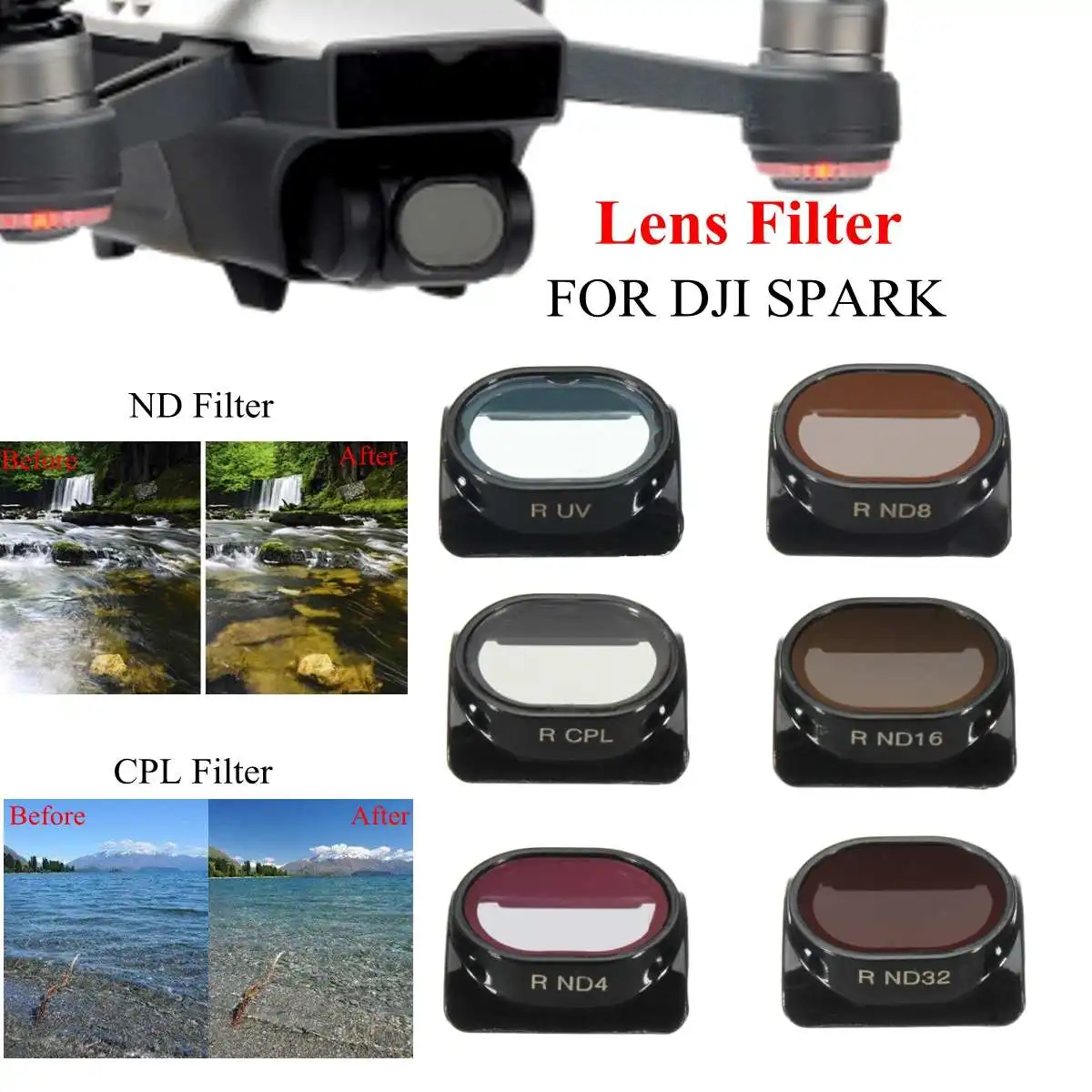 

JSR-1959 ND4 ND8 ND16 ND32 CPL UV6 Drones Filters in 1 For DJI Spark Len Filter Drones Accessories in PVC plastic Material