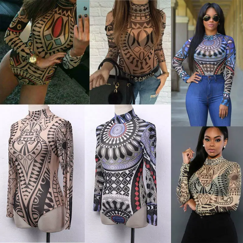  2019 New Sexy Women Tattoo Tribal Print Stretchy Bodysuit See-Through Mesh Sheer Long Sleeve Top La