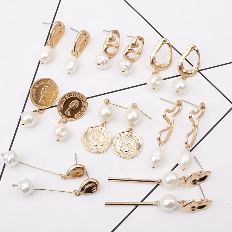 

Metal Gold Korea Design Geometric Irregular Circle Square Natural Freshwater Pearl Stud Earrings for Women Gifts Dropshipping