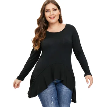 

Women Top T-Shirt Blusas Loose Plus Size Pullover O-Neck Casual Long Sleeve Tee Shirt Femme Camisetas Mujer Asymmetrical T-Shirt