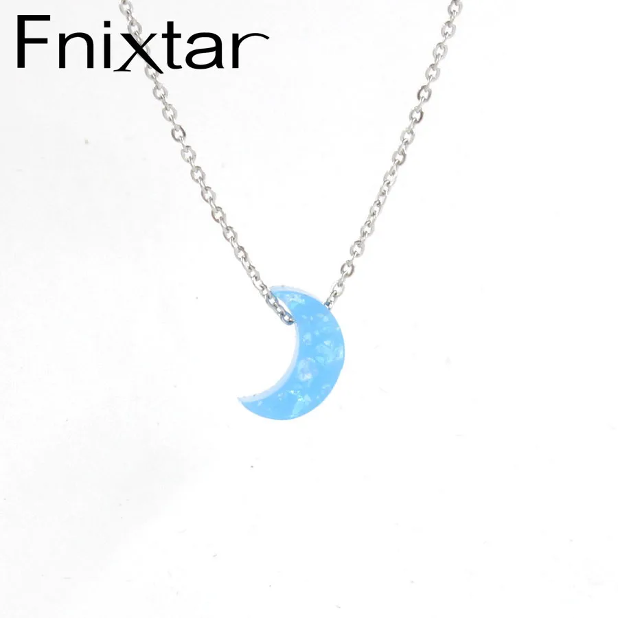 

Fnixtar Stainless Steel Opal Pendant Necklace Moon Shape Synthetic Opal Choker Necklace For Women Party Gift 45cm 2Piece/lot