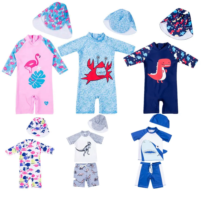 

Baby Swimwear 2019 Kids Baby Girl Boys Suit Five-point sleeve Swimwear +Hat Swimsuit Swimwear Bathing Swimming Size 2-6Y