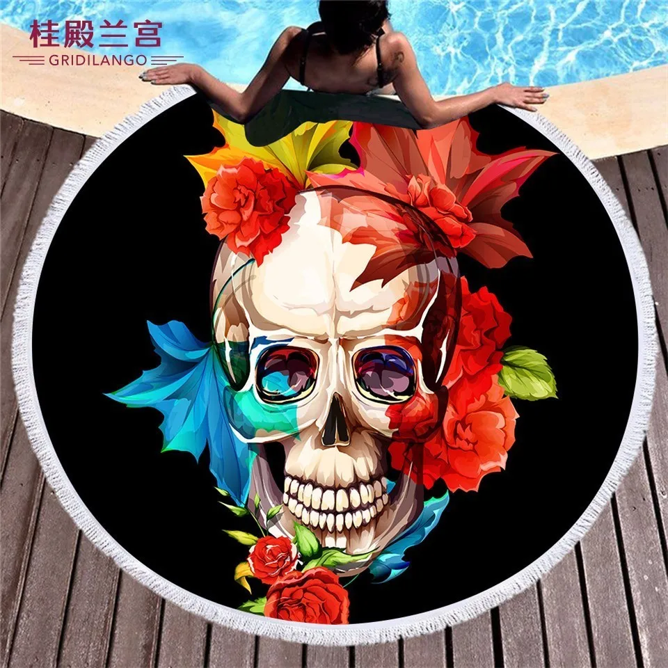 

GRIDILANGO Sugar Skull Hippie Pattern Round Beach Towel For Adult Quickly Absorbtable Swimming Travel Outdoor Blanket Bath Towel