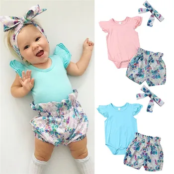 

3PCS New Infant Baby Girls Mermaid Outfits Clothes Set Ruffles Romper Bodysuit Short Print Pants Leggings Bowknot Headwear 0-24M