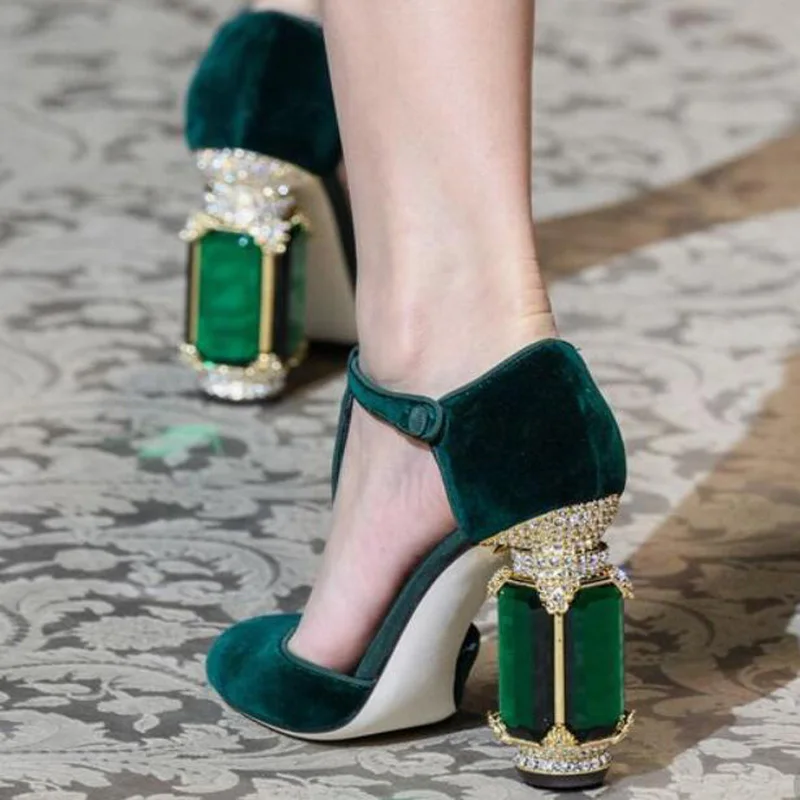 

Royal Velvet Big Gemstone Embellished Heels Pumps Ladies T-Strap Rhinestone Chunky Crystal Heels Ankle Buckle Lolita Pumps Shoes