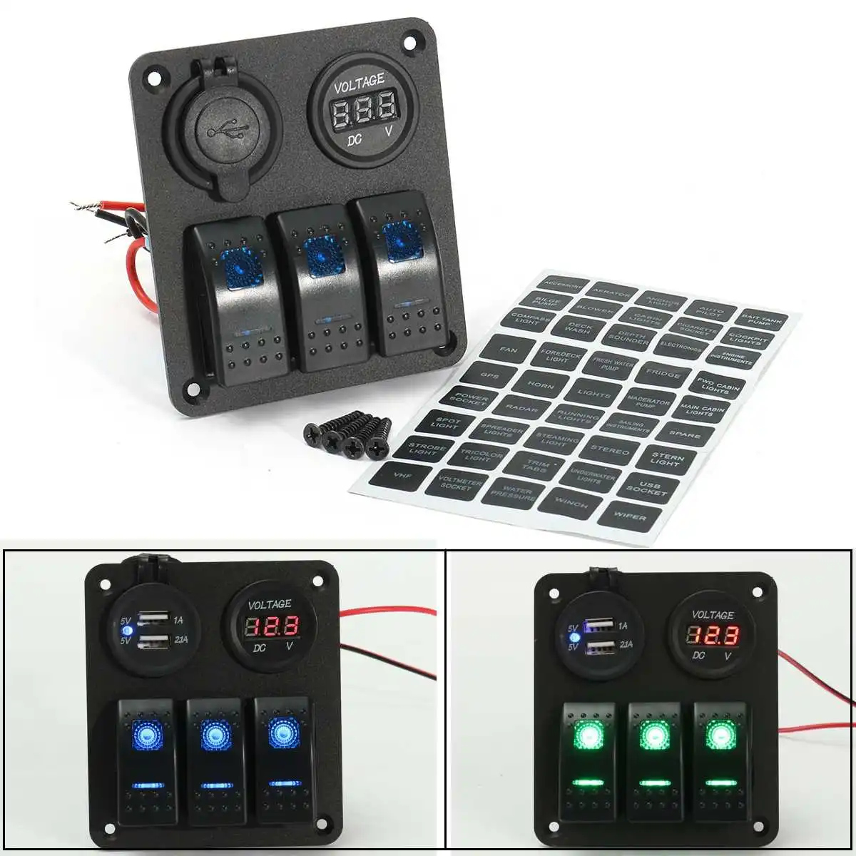 

LED Rocker Switch Panel Dual USB Charger Power Socket Voltmeter Marine Boat Rv Aluminum 12V 20A DC/24V 10A DC