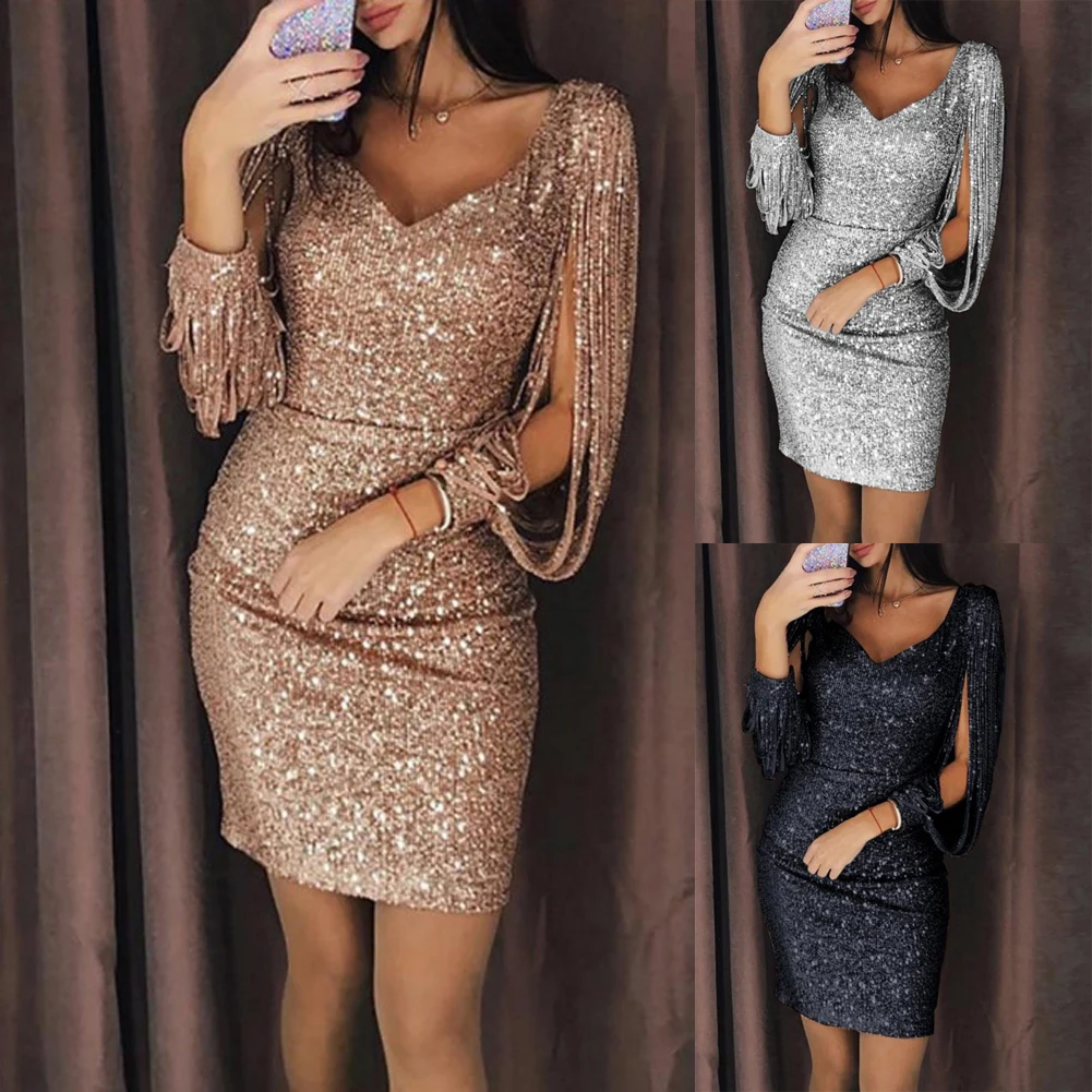 Women Dress Sequined Shining Long Sleeve Tassel Sheath Charms Lady Sexy S-Xl Size Plus Bodycon Party Club Knee-Length Dress 