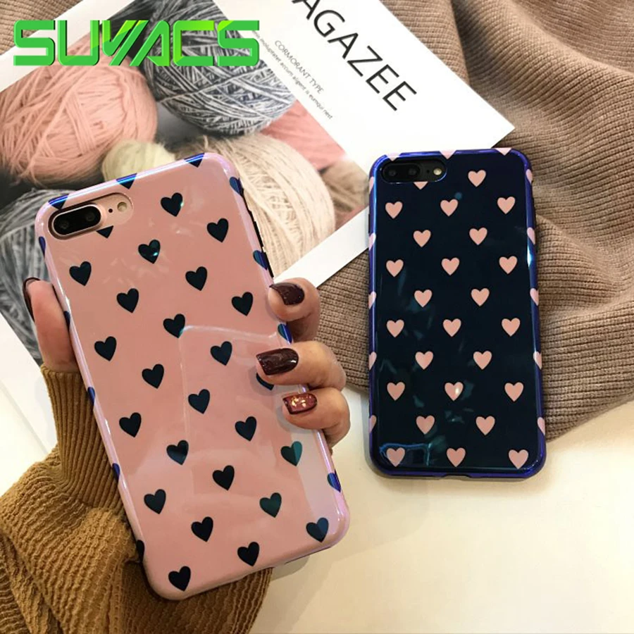 

SUYACS Cute Korean Style Laser Blue-ray+Love Heart Cases For iPhone XS Max XR 6 6S 7 8 Plus X XS Soft IMD Protective Cover Gift