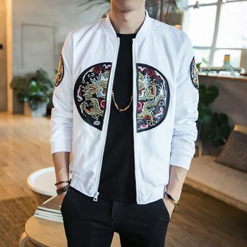 

#4015 Chines Style Clothing Men Jacket Plus Size Mandarin Collar White/Black Streetwear Bomber Jacket Homme Embroidery Dragon
