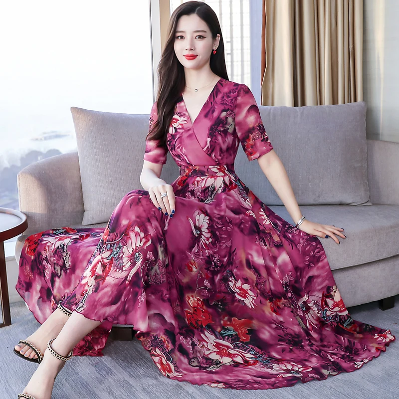 

2019 new fashion women's large size v-neck long posed dress female plus size flower printing elegant bodycon chiffon dress 4XL