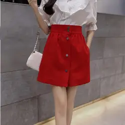 Новое поступление, летние офисные женские короткие юбки с высокой талией, женские однобортные красные/черные мини-юбки трапециевидной