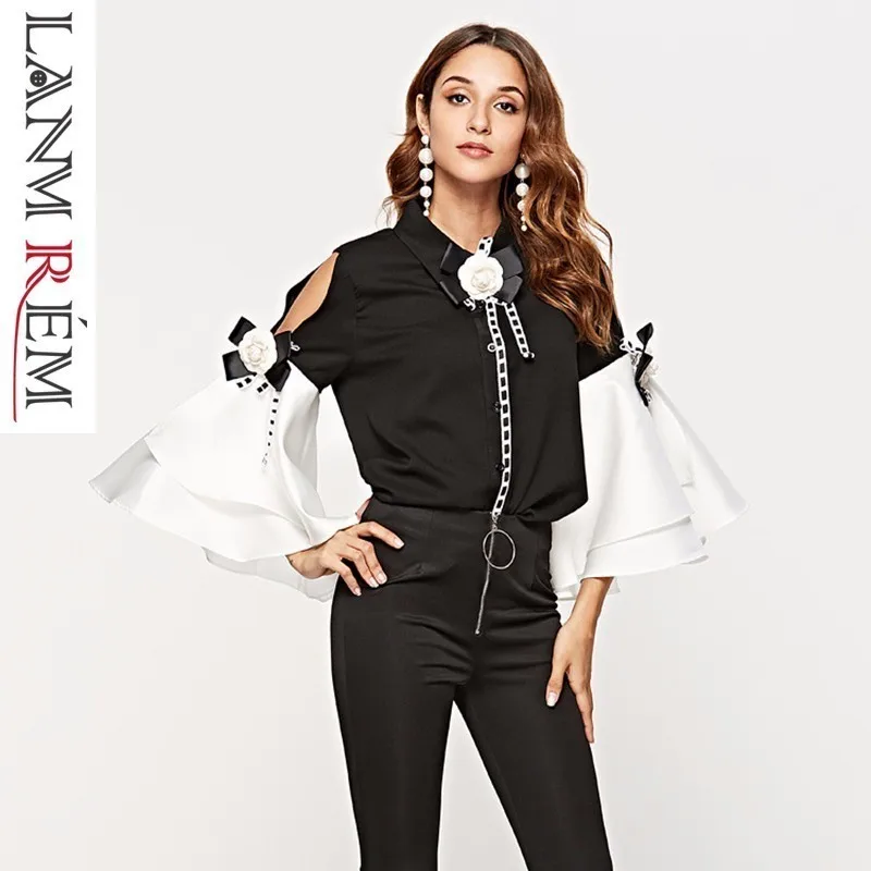 

LANMREM 2019 Spring Summer Fashion New Off-the-shoulder Camellia Bow Tie Temperament OL Blouse Trumpet Sleeve Ladiesshirt YH503