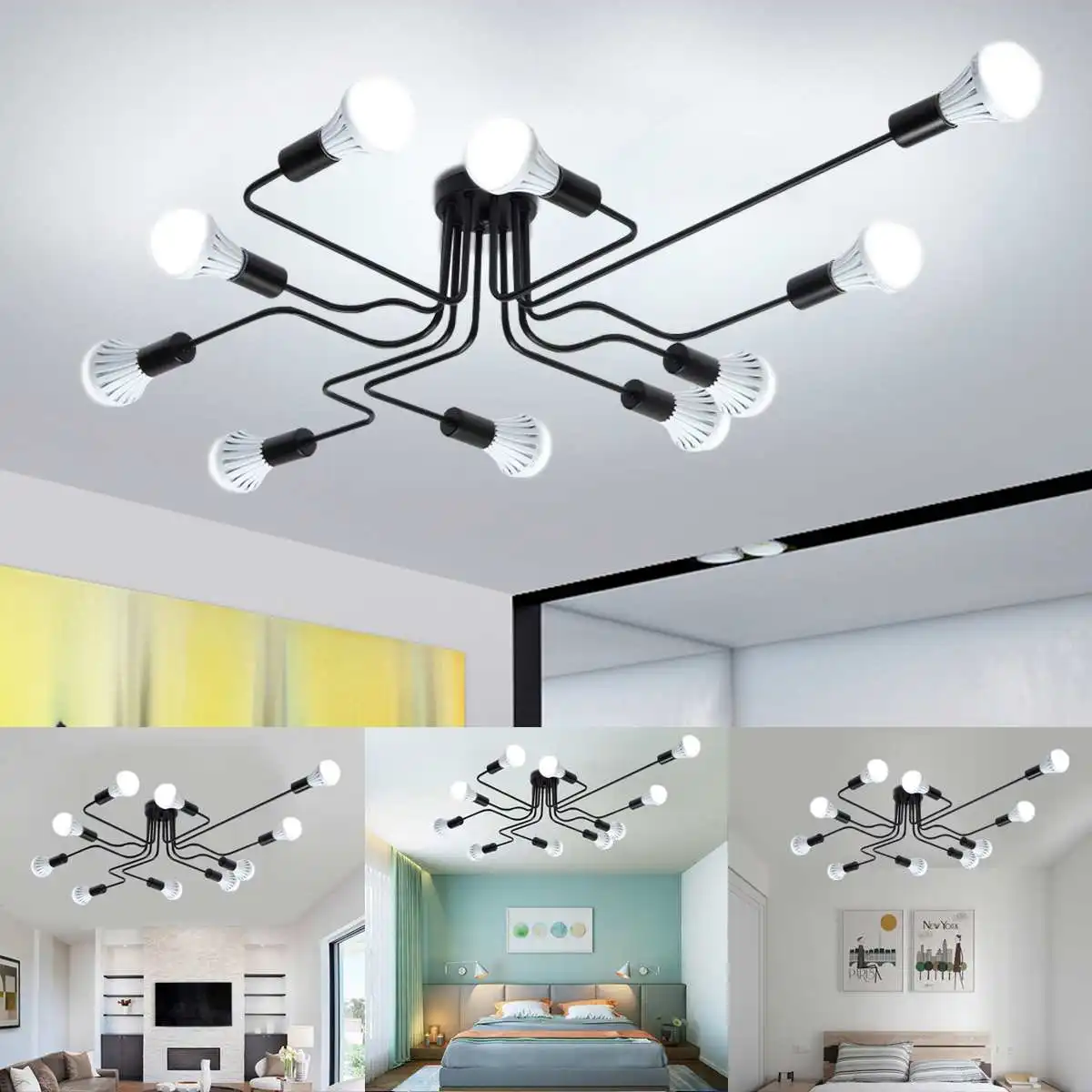 

Modern 10 Heads Multiple Rod Dome Night Lamps Ceiling Light Wrought Iron E27 Bulb Cafe Bar Home Decor Lighting Holder Fixture