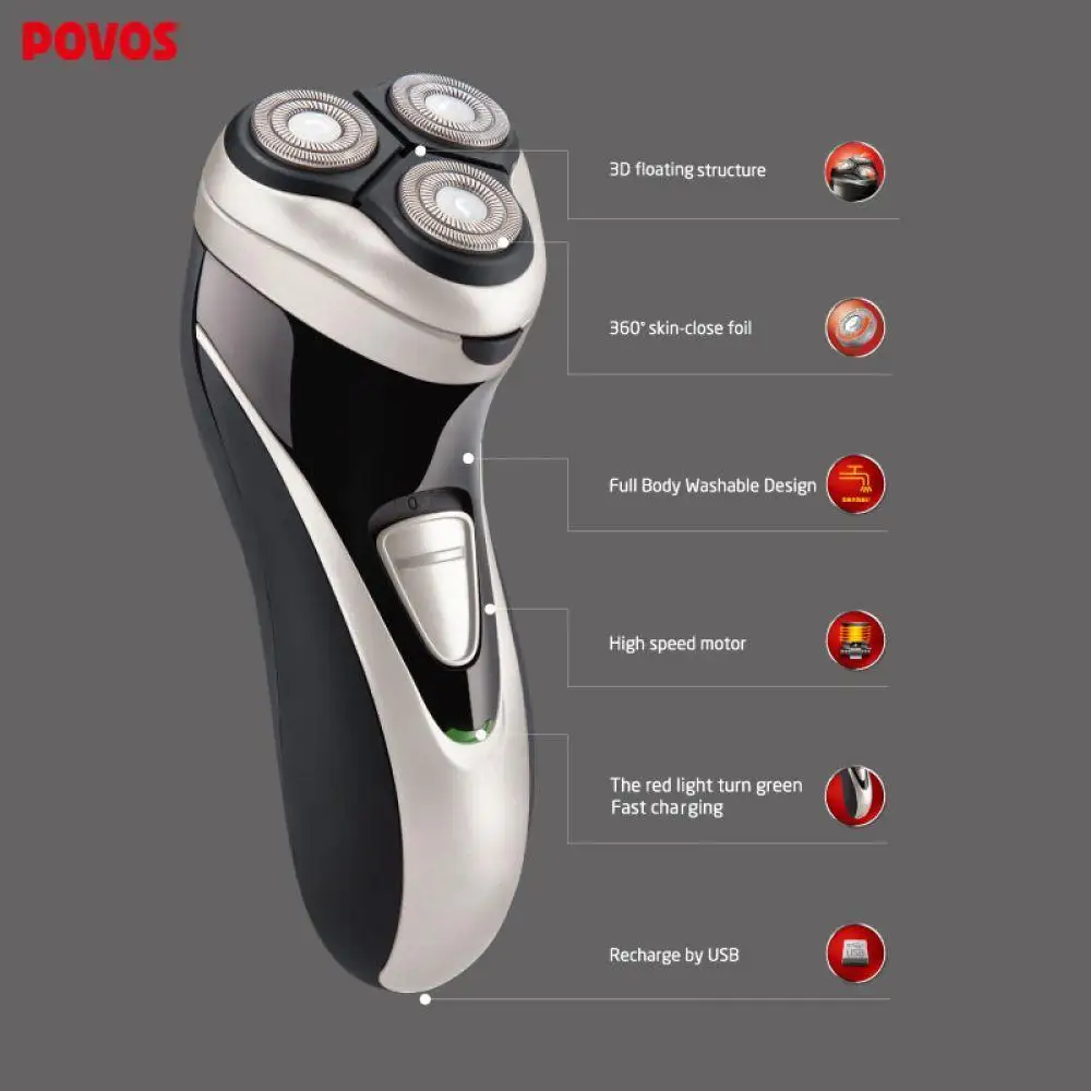 

HOT POVOS Rechargeable electric shaver Whole body washable razor for men shaving Razor triple blades 3D floating pop-up trimmer
