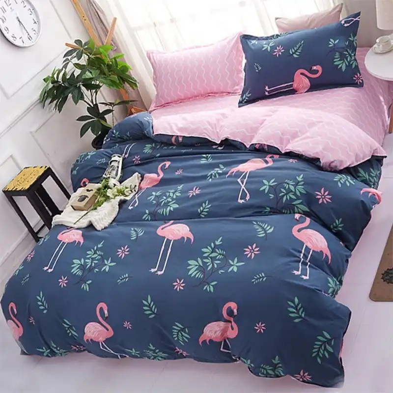 Duvet Cover Set Tropical Flamingo Pattern Reversible Navy Blue