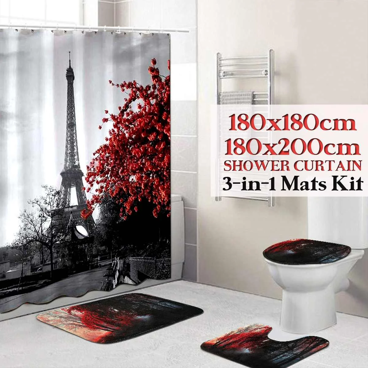 برج ايفل باريس المشهد طباعة الحمام دش مجموعة الستائر للماء مكافحة زلة التمثال البساط غطاء المرحاض غطاء طقم مشايات حمام يمتص الماء مضاد للبكت...