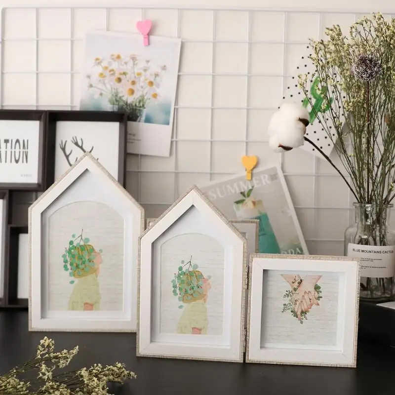 Wooden Photo Frame 2 Opening Hinged Double sided House Shape Picture Frames Home Office