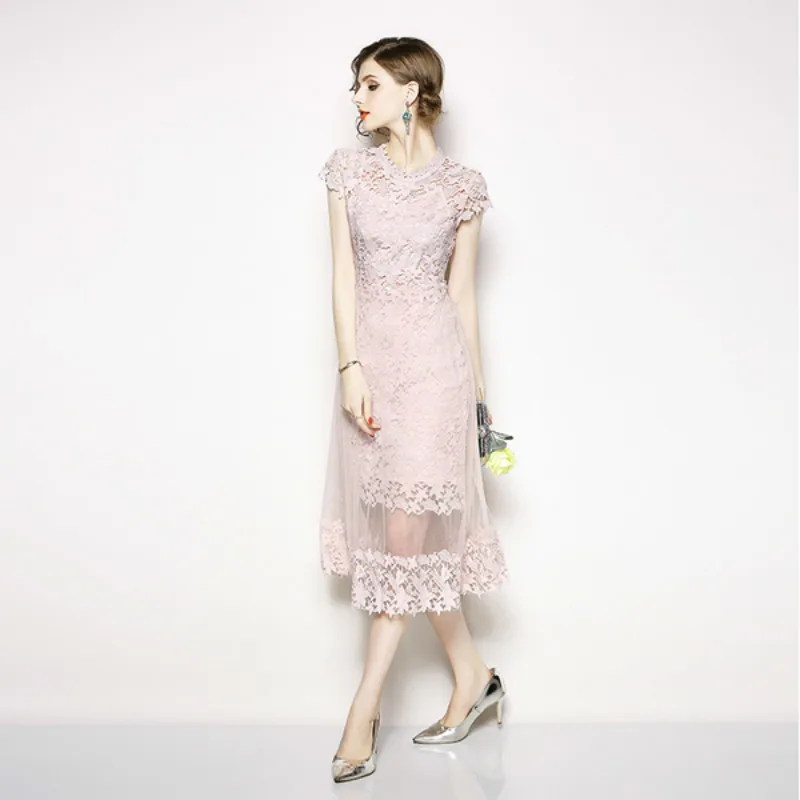 

New Fashion 2019 Summer Flower Pink Lace Dress Patchwork Mesh Hollow Out Long Dress Women Tulle Gauze Party Dress Vestidos