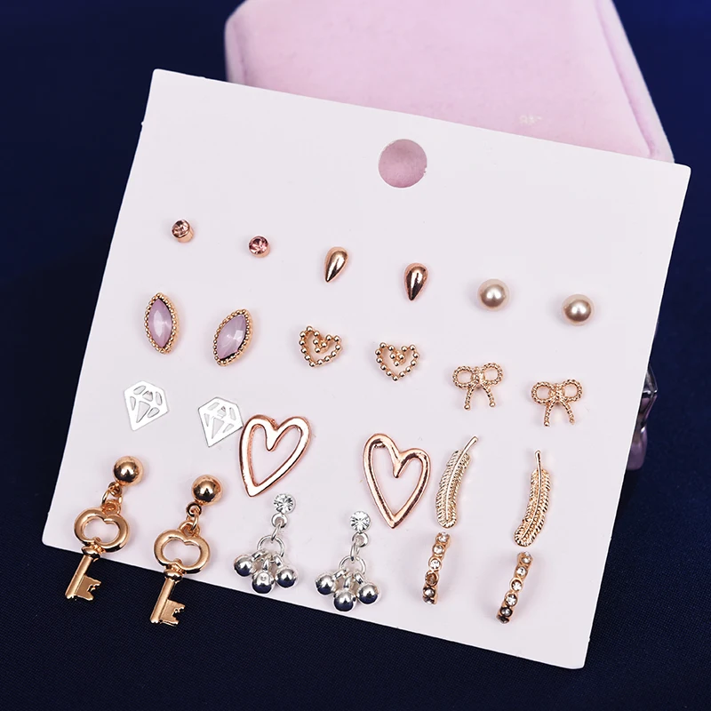 

Fashion 12 pairs/suite Unique design Square Crystal Heart-shaped Small Ear Nails Set Women's Earrings Set Party Gift Birthday Gi