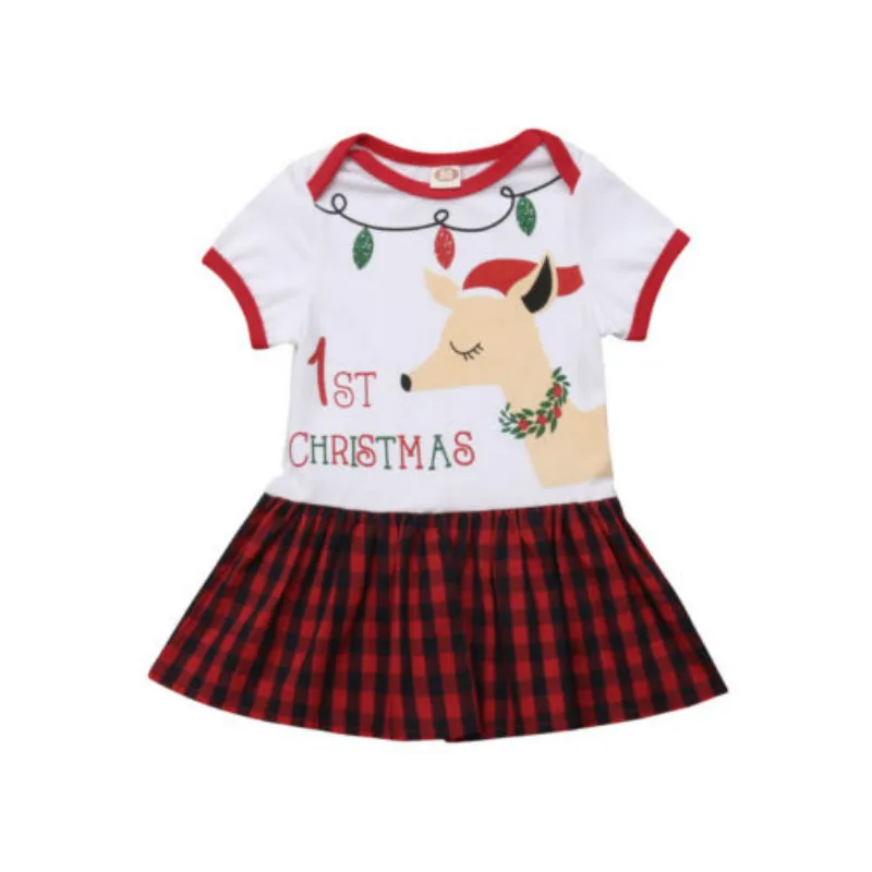 

pudcoco Kids Baby Girl 1st Christmas Dress Deer Plaid Short Sleeve Party Dresses 1-5T baby girl kids christmas xmas dress
