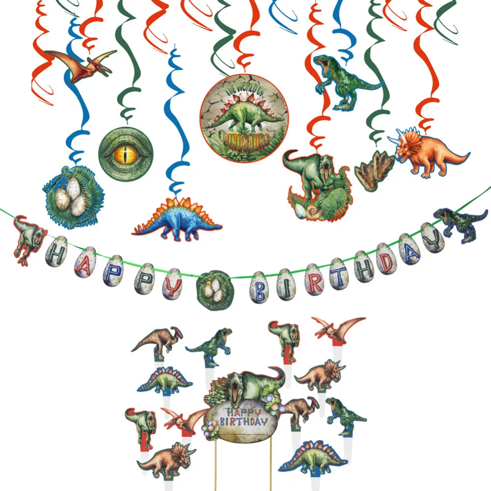 

Dinosaur Birthday Party Decoration Set Hanging Swirl Decoration Cake Topper Kit Cupcake Topper Happy Birthday Banner Dino Party