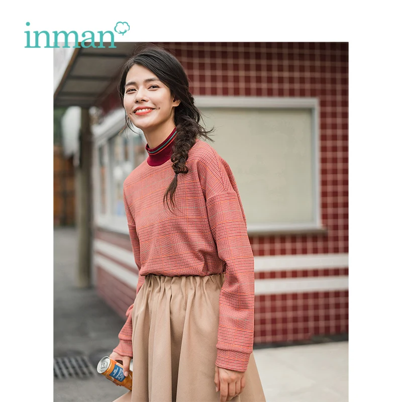 

INMAN Winter Retro Plaid Patchwork High Neck Off Loose Style Hooded Sweatshirt