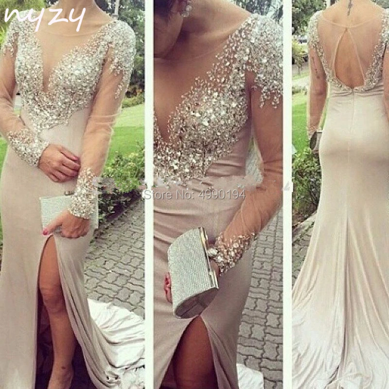 

NYZY E32 Evening Dress 2019 Illusion Sheer Long Sleeves Low Back Sexy Leg Cut Mermaid Crystal Dress Formal Dress Women Elegant