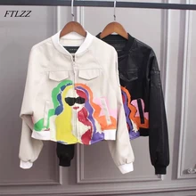 FTLZZ Autumn Women Pu Leather Jacket New Print Zippers Pockets Black Color Short Coat Female Faux Leather Jackets