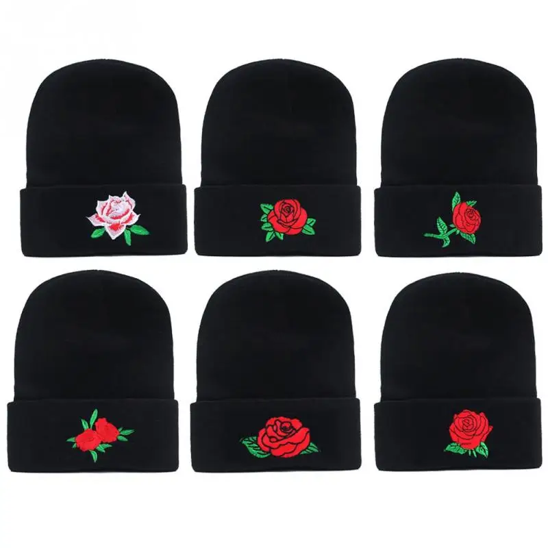 

Embroidery Rose Flower Autumn Winter Solid Color Unisex Beanie Soft Knit Thick and Warm Hat For Men Women Outdoor Winter Hat