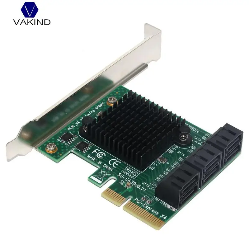

NEW SA3006 PCI-E x4 to 6 Port SATA 3.0 6Gbps Controller Card with Heat Sink Expansion Adapter Board for Mining BT for Desktop