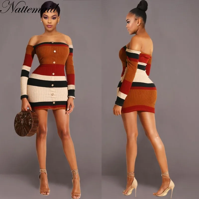 

NATTEMAID Full Sleeve Striped Knitted Sweater Dress Women Slash Neck Off Shoulder Dress Strapless Mini Sexy Bodycon Dresses