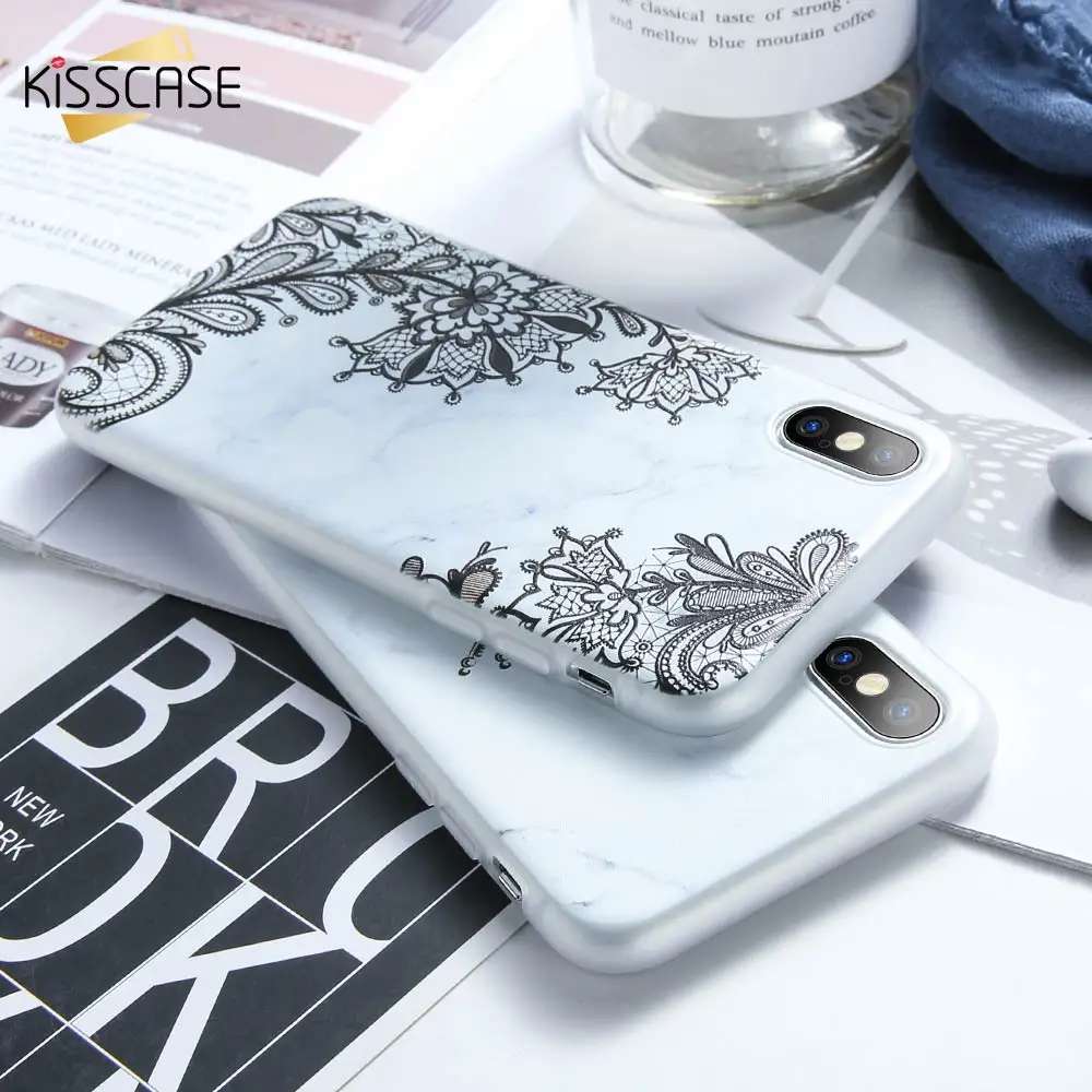 KISSCASE 3D Relief Phone Case for iPhone 6 6s 7 8 plus 5 5S Marble Black Silicone Soft X XR XS MAX Flower Cover |